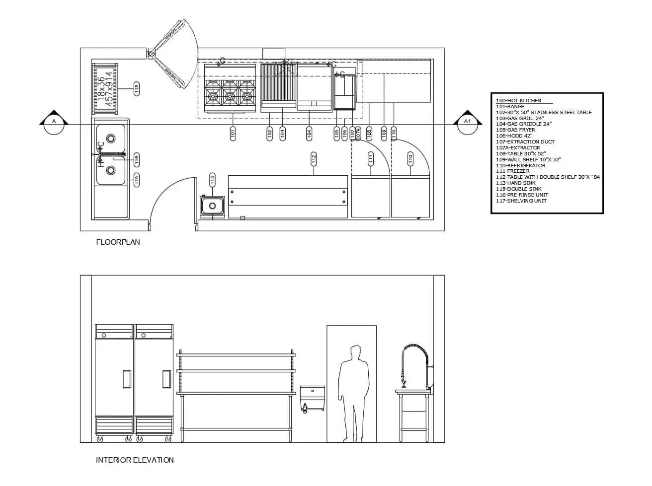 small commercial kitchen architectural plant, catering, detailed plant with details of commercial kitchen furniture