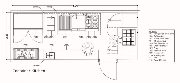 container kitchen layout with dimensions
