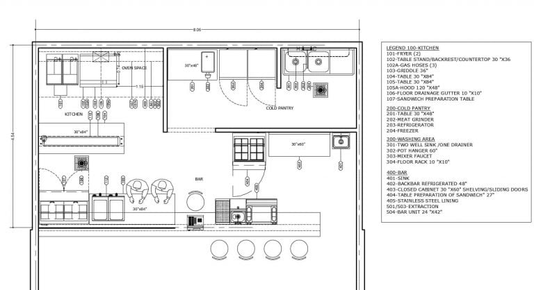 free downloadable layout with equipment and dimensions of Displayed Kitchen With Front Bar in 2D format, kitchen with cooking equipment, exhaust hood, bar area with specified equipment,